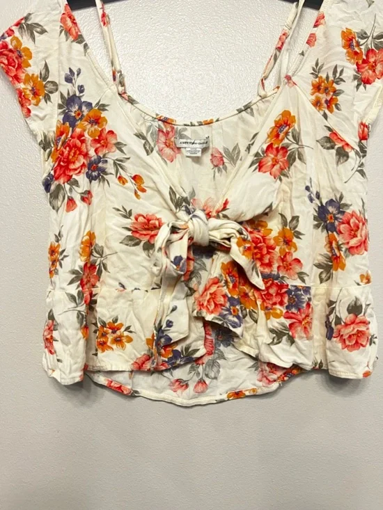 AE Floral Tie-Front Crop Top Cream Floral Crop Strapy Cottagecore Boho - Picture 2 of 8